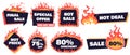 Hot sale badges. Fire deal banner, hot price badge and promotion offer flaming label frame vector set Royalty Free Stock Photo