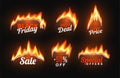 Hot sale badges with fire flame, special offer emblem Royalty Free Stock Photo