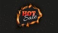 Hot sale banner. Burn discount ads black background. Fire hole with tongues of flame and sparks poster design template Royalty Free Stock Photo