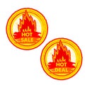 Hot sale and deal on fire, yellow and red drawn round labels wit