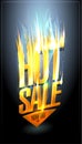 Hot sale now on, hot fiery sale web banner or price tag design template with golden lettering and down arrow Royalty Free Stock Photo