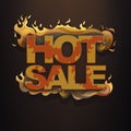 Hot sale. Typographic design, flames, fire. Business banner, poster, flyer, marketing, advertising. Burning font, dark brown Royalty Free Stock Photo