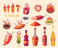 Hot sauce. Cartoon ingredients for delicious food green and red hot pepper with fire flame bottles with liquid burn Royalty Free Stock Photo