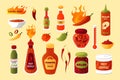 Hot sauce. Cartoon spicy chilli and pepper seasoning. Burning taste Thai cuisine. Mexican cayenne salsa bottles. Fiery