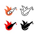 Hot sauce logo. Chili or other hot spice bottle badge with fire flames and drop. Spicy icon design.