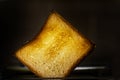 hot slice of toasted white bread in a toaster on a dark background. Horizontal Royalty Free Stock Photo