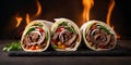 hot smoky fresh grilled donner or Burrito beef wrap roll hot ready to serve and eat as dark background with copy space area