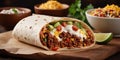 hot smoky fresh grilled donner or Burrito beef wrap roll hot ready to serve and eat as dark background with copy space area