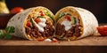 hot smoky fresh grilled donner or Burrito beef wrap roll hot ready to serve and eat as dark background with copy space area