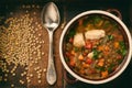 Hot soup with green lentil, chicken, vegetables and spices. Royalty Free Stock Photo