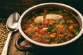 Hot soup with green lentil, chicken, vegetables and spices. Royalty Free Stock Photo