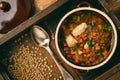 Hot soup with green lentil, chicken, vegetables and spices. Royalty Free Stock Photo