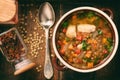 Hot soup with green lentil, chicken, vegetables and spices. Royalty Free Stock Photo