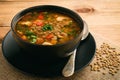 Hot soup with green lentil, chicken, vegetables and spices. Royalty Free Stock Photo