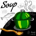 Hot soup in a green pot with wooden spoon.