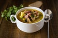 Hot soup with meat and mushrooms in a white plate with a spoon and greens on a beautiful wooden background