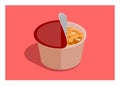 Hot soup noodle in a plastic bowl. Simple flat illustration.