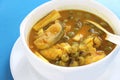 Hot sour soup with fillet bagrid catfish and coconut. sour soup Royalty Free Stock Photo