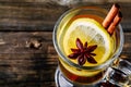 Hot spiced Apple cider Toddy with lemon, honey and cinnamon stick in glass Royalty Free Stock Photo