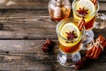 Hot spiced Apple cider Toddy with lemon, honey and cinnamon stick in glass Royalty Free Stock Photo