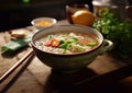 Hot spicy asian soup with noodles on restaurant table.Macro.AI Generative