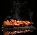 Hot and spicy bbq chicken wings with dip and hot sauce on black stone plate Royalty Free Stock Photo