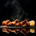 Hot and spicy bbq chicken wings with dip and hot sauce on black stone plate Royalty Free Stock Photo