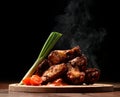 Hot and spicy bbq chicken wings with dip and hot sauce on wooden plate with steam smoke Royalty Free Stock Photo