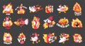 Hot Spicy Chicken with Fire and Chilli Pepper as Grill and Roast Sticker on Black Background Vector Set