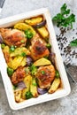 Hot spicy chicken with potatoes and broccoli baked Royalty Free Stock Photo
