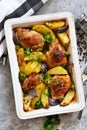 Hot spicy chicken with potatoes and broccoli baked Royalty Free Stock Photo