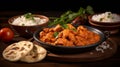 Hot spicy chicken tikka masala in bowl. Chicken curry with rice, indian naan butter bread, spices, herbs. Traditional Royalty Free Stock Photo