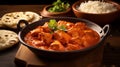 Hot spicy chicken tikka masala in bowl. Chicken curry with rice, indian naan butter bread, spices, herbs. Traditional Royalty Free Stock Photo