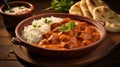 Hot spicy chicken tikka masala in bowl. Chicken curry with rice, indian naan butter bread, spices, herbs. Traditional Indian Royalty Free Stock Photo