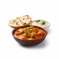 Hot spicy chicken tikka masala in bowl, served with roti Paratha and plain rice along Royalty Free Stock Photo