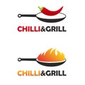 Hot and spicy chinese food logo set with two black pans. Pan with fire and pan with chili pepper.