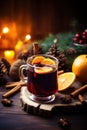 Hot spicy Christmas gluhwein, or mulled red wine with sugar and spices, served with cookies on rustic wood with a Royalty Free Stock Photo