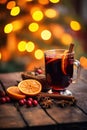 Hot spicy Christmas gluhwein, or mulled red wine with sugar and spices, served with cookies on rustic wood with a Royalty Free Stock Photo