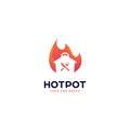 Hot spicy cooking pot logo for cafe, restaurant, or catering with fire flame icon vector illustration