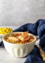 Hot spicy corn cream soup with bacon and shrimps. Seafood lunch a la chowder. Royalty Free Stock Photo