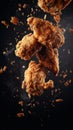 Hot and spicy fried chicken floating on black background - Generative AI