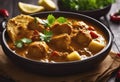 Hot spicy Kerala chicken curry with potato and coconut milk, Indian food korma chicken masala curry roast. side dish for roti