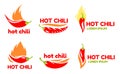 Hot spicy logo, chili pepper food. Mexican or indian sauce in red flame logotype, fire with vegetable, cooking spice