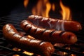 Hot spicy meat sausages grilled on fire, food bbq and grill, generative ai