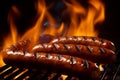 Hot spicy meat sausages grilled on fire, food bbq and grill, generative ai