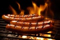 Hot spicy meat sausages grilled on fire, food bbq and grill, generative ai