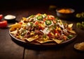 Hot and spicy nachos with beef,pepper,cheese and sauces on wooden table.Macro.AI Generative