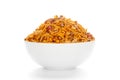 Hot spicy Nav Ratan snacks in a white Ceramic bowl, made with red chili, peanuts, corn flakes