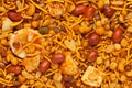 Hot spicy NavRatan mixture snacks in full-frame, made with, potato chips, peanuts, Royalty Free Stock Photo