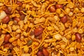 Hot spicy NavRatan mixture snacks in full-frame, made with, potato chips, peanuts, Royalty Free Stock Photo